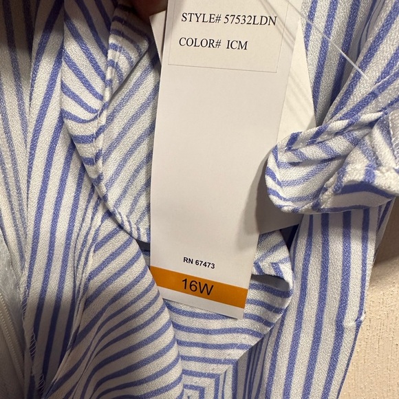 DN Design Women’s Blue & White striped chambray ruffled front dress. Sz 16W - Picture 3 of 9